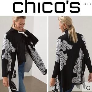 Chico’s XS Lotus Print Black and White Sweater Duster Batwing